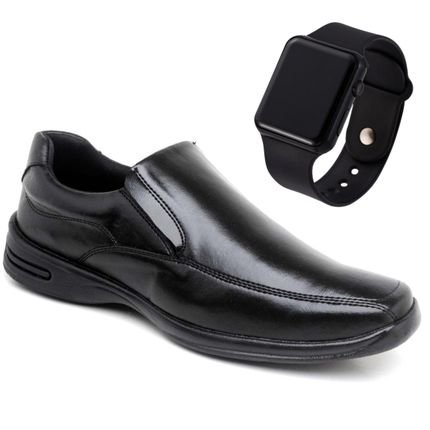 Sapato Social Conforto Antistress Gel Nine4 Calce Fácil Liso   Smartwatch Grátis - Preto - Marca Nine4