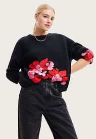 Sweater Desigual Bordado Flores Negro - Calce Regular