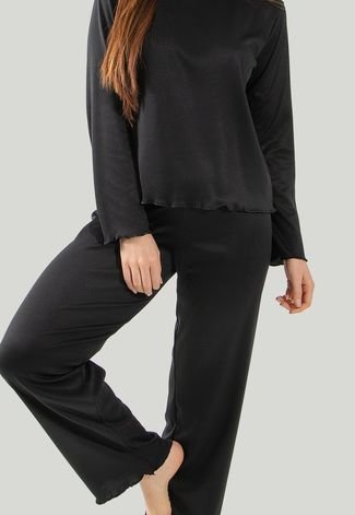 Pijama Longo Canelado Feminino Roupa de Dormir Linha Noite Preto