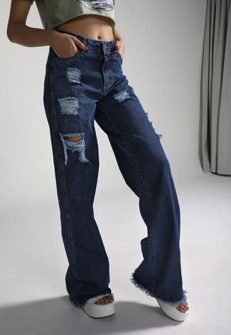 Calça Jeans Forever 21 Wide Leg Destroyed Azul