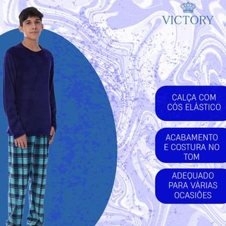 Roupa De Dormir Juvenil Conjunto Pijama De Frio Menino  Azul e Marinho