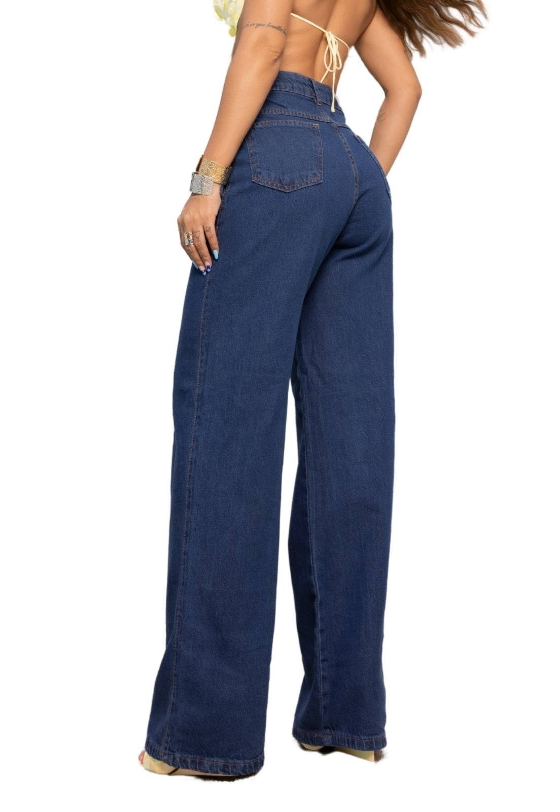 Calça Jeans Pantalona Wide Leg Elegante Lavagem Média Feminina Confortável Tecido Premium - Marca Pletora