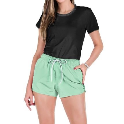 Conjunto Feminino Verão Moda Praia Camiseta Algodão Short Tactel Liso - Marca Opice