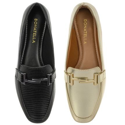 Kit 2 Pares Sapato Feminino Mocassim Donatella Shoes Bico Quadrado Confort Preto e Ouro Light - Marca Donatella Shoes