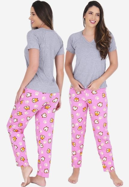 Pijama Manga Curta e Calça Comprida Estações Cinza - Marca Click Mais Bonita