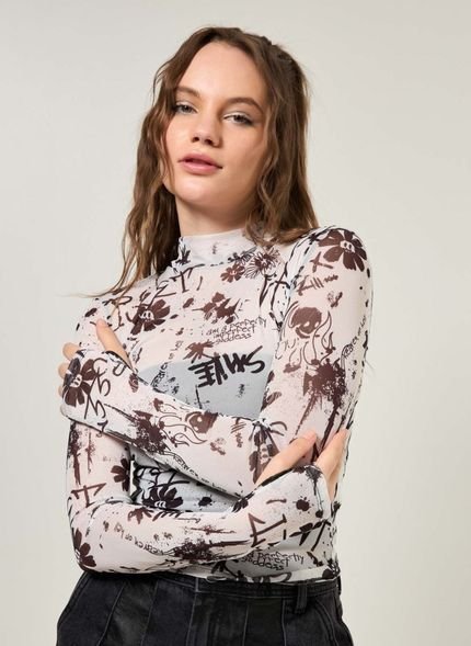 Blusa Em Tule Estampada Grafite - Marca Youcom