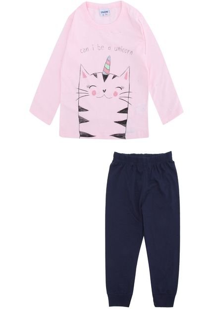 Pijama Fakini Longo Infantil Gatocórnio Rosa/Azul-Marinho - Marca Fakini