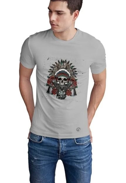 Camiseta Slim Mayon Algodão Premium Cinza Indian Skull - Marca USEMAYON