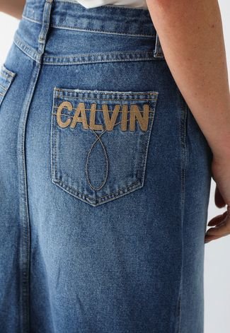 Saia Jeans Calvin Klein Jeans Midi Fenda Azul