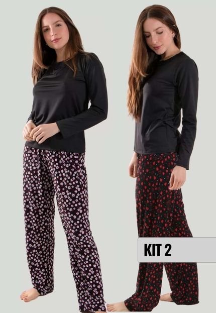 Kit Com 02 Pijamas Manga Longa Inverno Liganete Calça Estampada - Marca Linha Noite