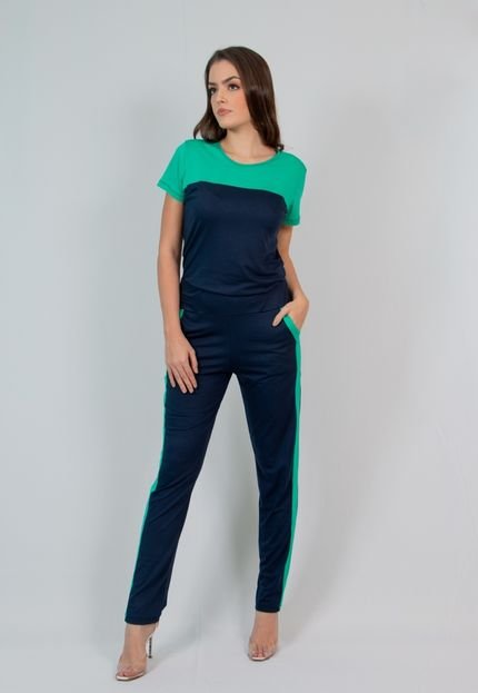 Conjunto Calça e Blusa Maria Paes  Azul Marinho e Verde - Marca Maria Paes