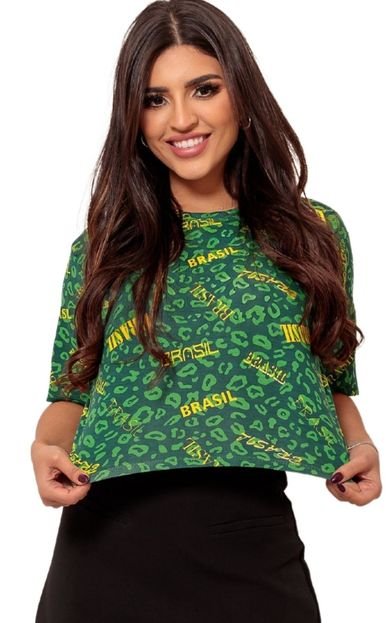 Camiseta Cropped Brasil Verde Animal Print Feminina - Marca Cia do Vestido