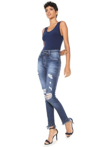 Calça Jeans Biotipo Skinny Destroyed com Aplicação Azul