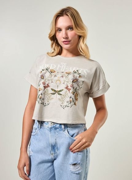 Camiseta Cropped Cinza Estonada Com Flores - Marca Youcom