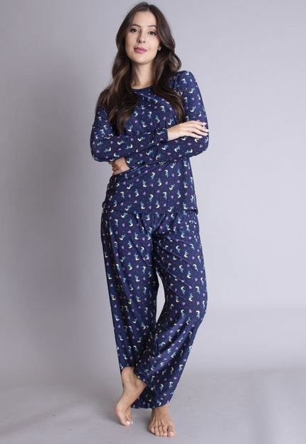 Pijama Mood Modas Longo Feminino Adulto Liganete Premium Luxo Inverno Frio 197 Marinho - Marca MOOD MODAS