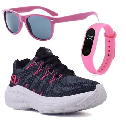 Tenis Infantil Meninas Casual Preto e Pink Feminino   Óculos e Relógio - Marca CALCADOS LGHT LIGHT