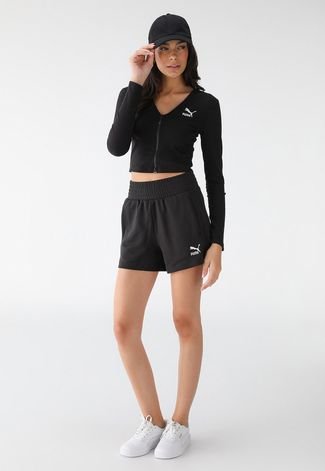 Blusa Cropped Canelada Puma Ajustada Logo Preta