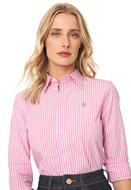 Camisa Lauren Ralph Lauren Slim Stretch Stripe Rosa/Branca - Marca Lauren Ralph Lauren