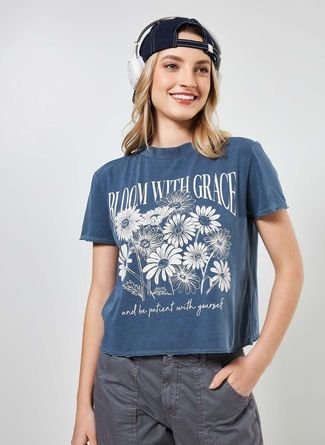 Camiseta Azul Estonada Flores