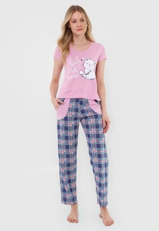 Pijama Feminino Bella Fiore Modas Calça Longa e Manga Curta Alice Rosa