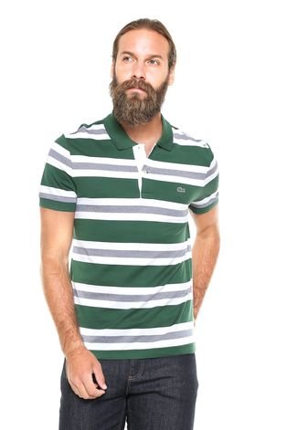Camisa Polo Lacoste Regular Fit Listras Verde/Branca