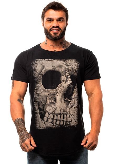 Camiseta Longline Masculina MXD Conceito para Academia e Casual Old Skull Caveira Preto Meia Malha - Marca Alto Conceito