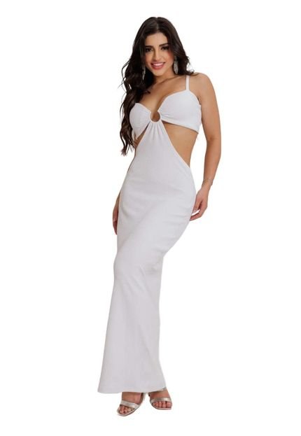 Vestido Longuete Alcinha Abertura Lateral Canelado Lianely Branco Ano Novo - Marca Cia do Vestido