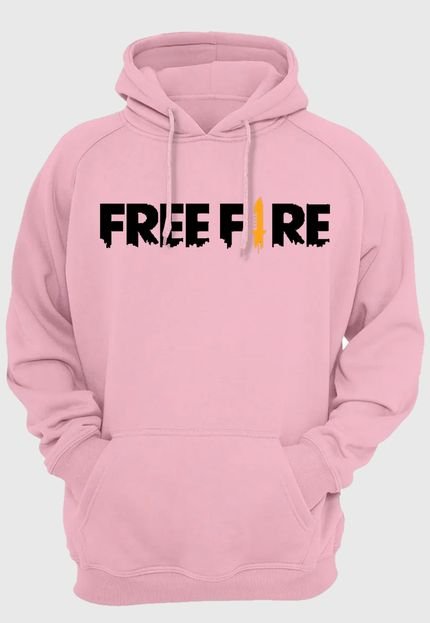 Moletom Moleton Blusa de Frio Casaco Rosa Fechado com Capuz e Bolso Grosso Flanelado Estampa Free Fire Preta - Marca MooBoo