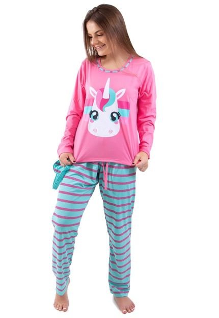 Pijama Feminino Longo Inverno Estampa Unicórnio Com Tapa Olho Manga Longa RLC Modas - Marca RLC Modas