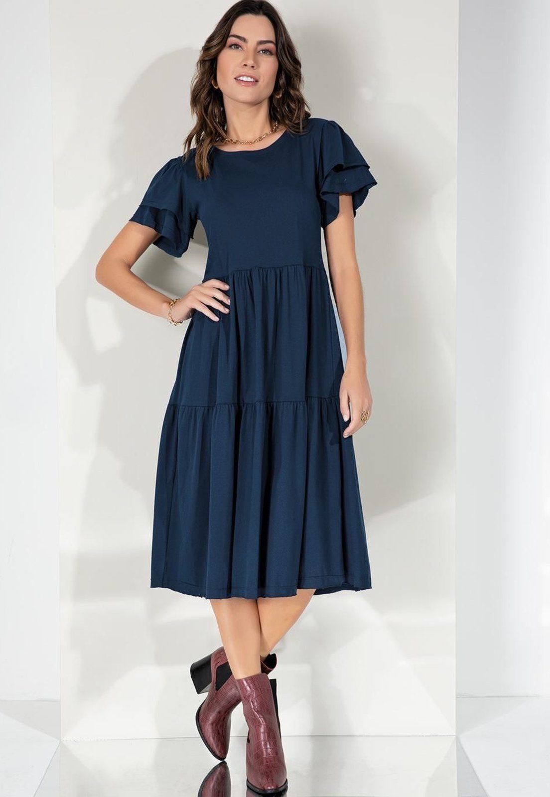 Vestido Midi Com Babados Azul Quintess - Marca Quintess