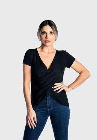 Blusa Camiseta Blusinha Transpassada Juquitiba Brasil Preta