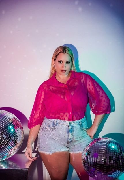 Camisa Feminina Plus Size Em Tule com Top de Malha  Pink - Marca It Curves