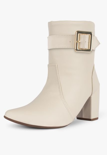 Bota Feminina Salto Alto Grosso bloco bico fino cano curto fivela Off White - Marca TAKATA BY RAFAEL TAKATA