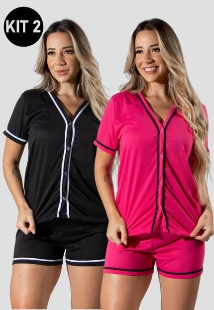 Kit 2 Pijamas Feminino Curto de Botão Amamentação De Dormir RLC Modas Preto/Rosa Pink - Marca RLC Modas