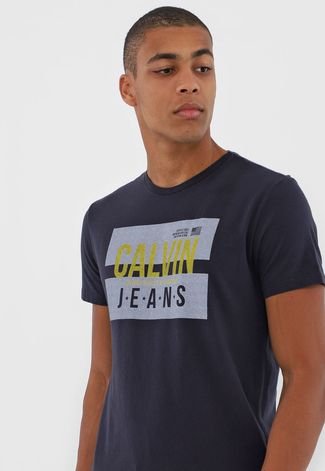 Camiseta Calvin Klein Jeans Lettering Azul-Marinho