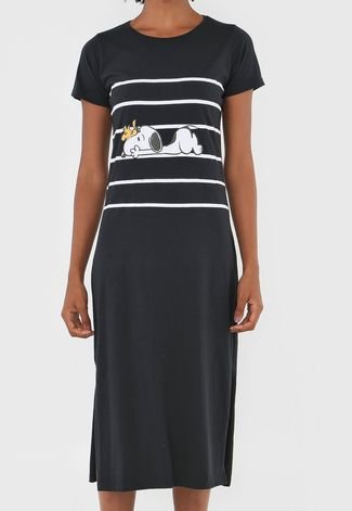 Vestido Snoopy Coleção 70 anos Midi Listrado Preto/Branco