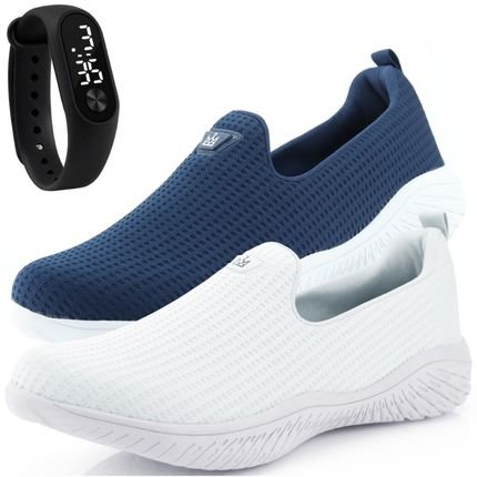 Kit 2 Pares Tênis Feminino Esportivo Casual Leve Sapatore Branco e Azul e Relógio - Marca Sapatore