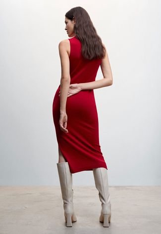 Vestido Mango Midi Fenda Vermelho