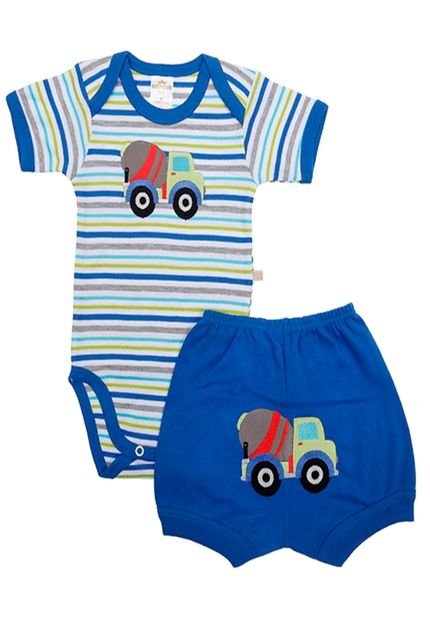 Menor preço em Conjunto Body e Shorts Best Club Baby Listrado Branco e Azul com Bordado Caminhão