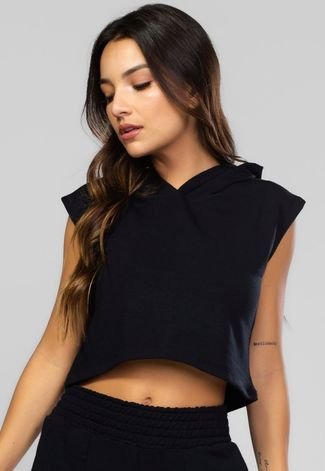 Blusa Cropped Vicbela Regata Com Capuz Moletinho Inverno Preto