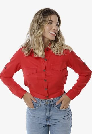 Jaqueta Cropped Leve Estilo Camisa Feminina Vermelha  Vermelho