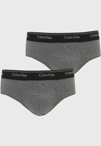 Kit 2pçs Cueca Calvin Klein Underwear Slip Stretch Logo Cinza