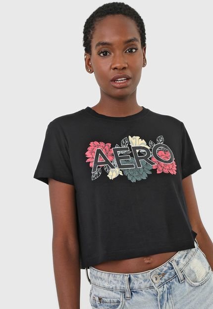 Camiseta Cropped Aeropostale Logo Floral Preta - Marca Aeropostale