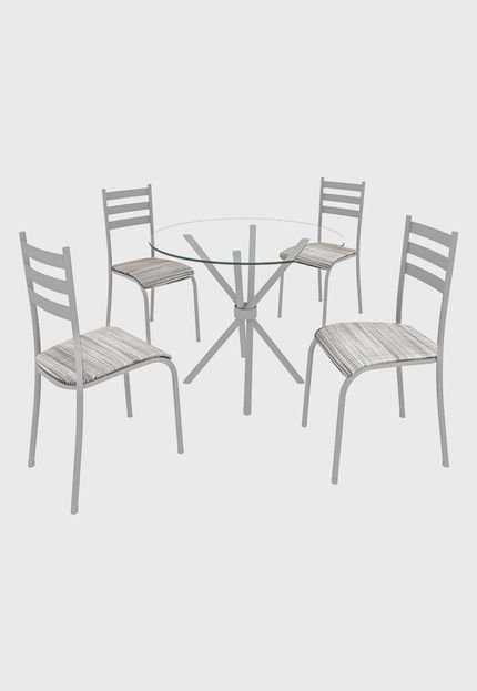 Conjunto 4 Cadeiras C/ Tampo De Vidro Redondo - Branco/Branco Riscado Madmelos - Marca Madmelos