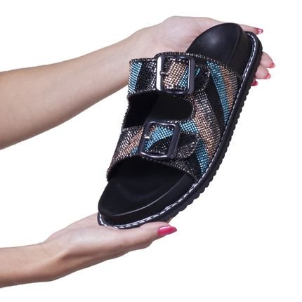 Sandália Papete Feminina Com Pedraria Strass Napa Preta Lançamento - Marca Carolla Shoes