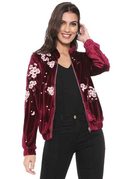 Jaqueta Bomber Lily Fashion Veludo Bordada Vinho - Marca Lily Fashion