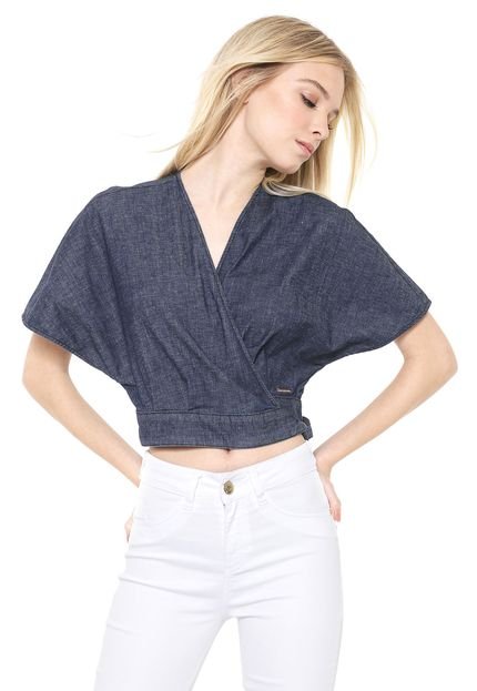 Blusa Cropped Jeans Colcci Transpassada Azul - Marca Colcci