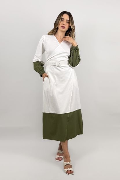 Vestido Midi Veneza Alfaiataria Transpassado Manga Longa Liso Linho Conigli Off White Verde - Marca CONIGLI DESIGN