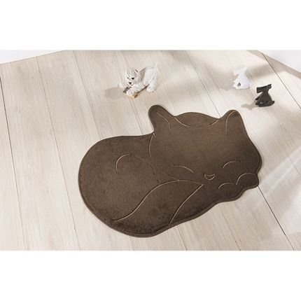 Tapete Formato com Antiderrapante Gato Soneca - 88 cm x 62 cm - Café - Marca Guga Tapetes