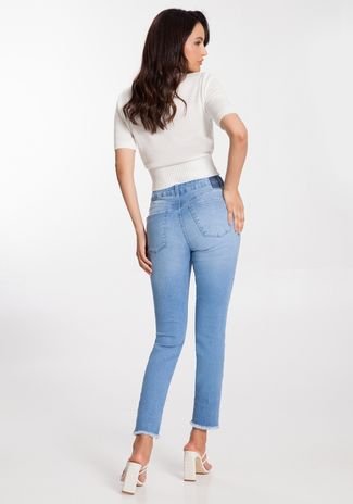 Calça Jeans Skinny Cropped com Detalhe Barra